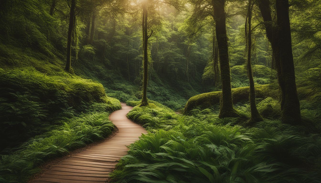 A photo of a winding path through a lush forest, representing the twists and turns affecting the setting of life goals.