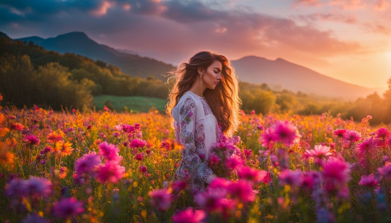 A woman reflects on her life's journey, surrounded by beautiful blooming flowers.