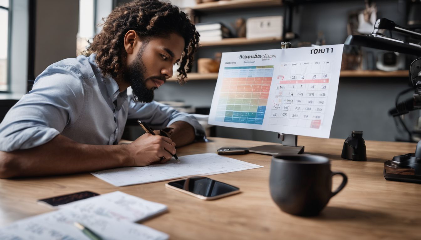 Focused and driven, a man is mapping out deadlines for his goals, turning ambition into a well-organized plan.