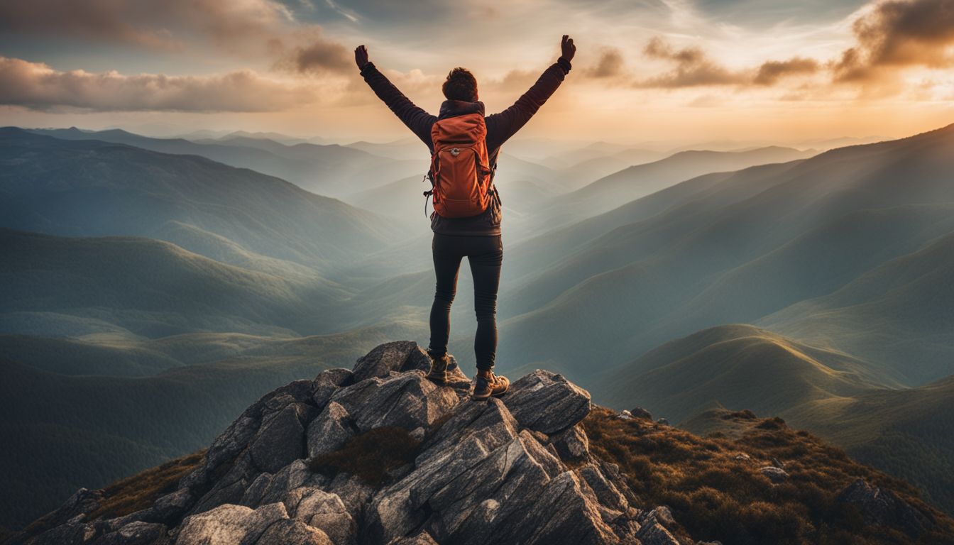 A hiker triumphantly reaching the summit of a mountain, symbolizing living life to the fulllest with purpose.