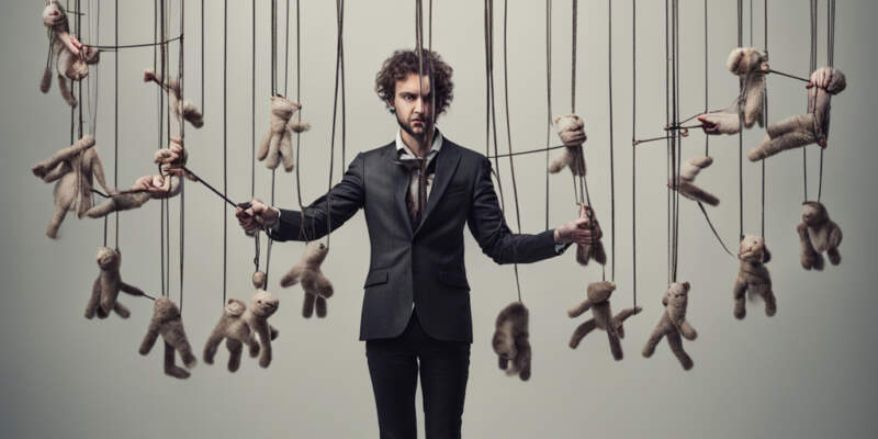 A person is holding puppet strings representing how manipulative people pull the strings, influencing others to act according to their desires.